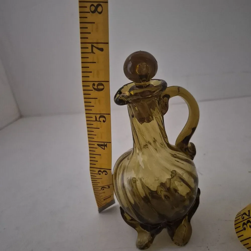Vintage Amber Hand Blown Twisted Glass Cruet Decanter with Feet 6.5 Inch